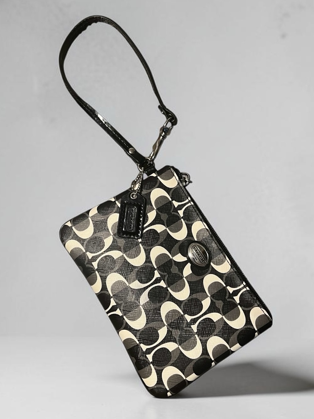 Coach Peyton Signature “CC” Dream Wristlet - Black & Cream, Silver Hardware